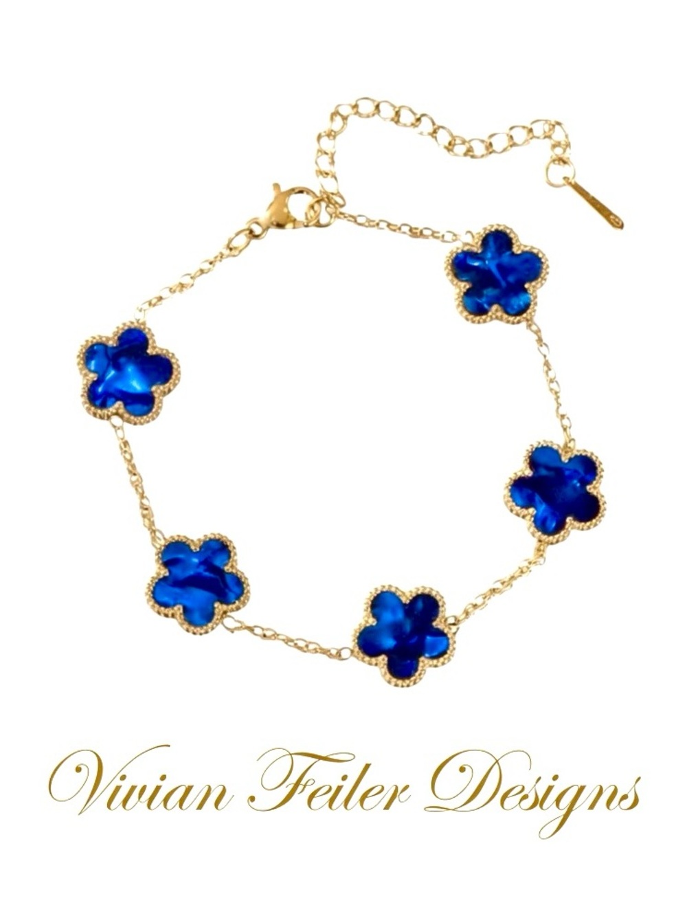 Gold Bracelet with Blue flower Shell Pearls Stainless Steel NWT